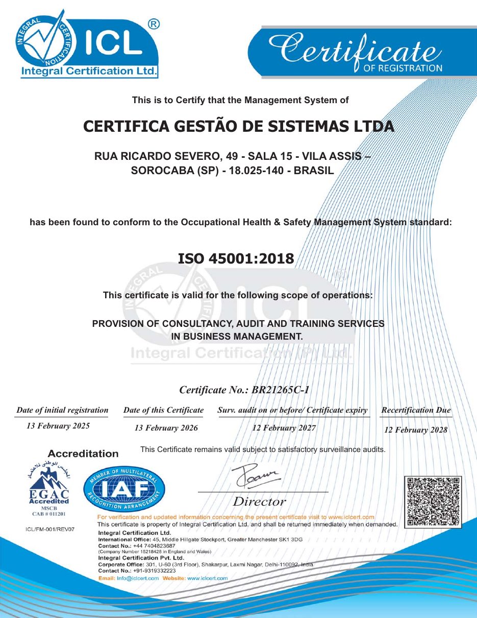 Certificado ISO 45001 da Certifica